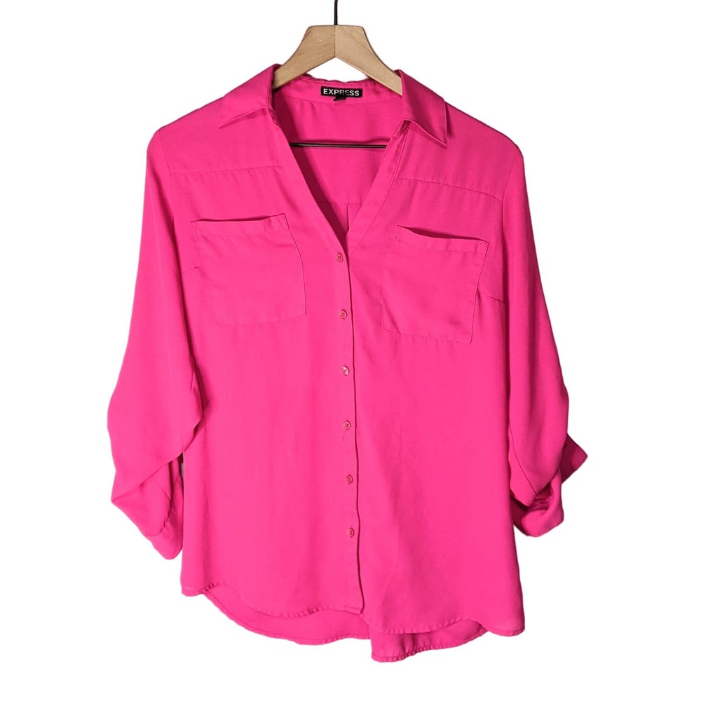 Express Womens Button Up V Neck Blouse Size M Hot Pink Long Roll Tab Sleeve Top